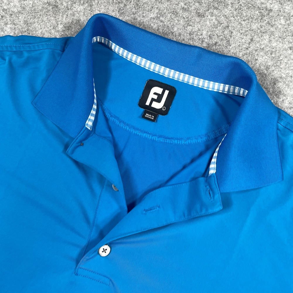 FootJoy Mens Polo Shirt L Blue Performance Stretch Gingham Trim Golf Shirt